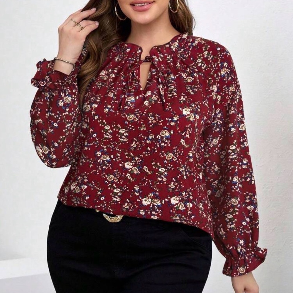 Women’s Burgundy Floral Tie-Neck Blouse